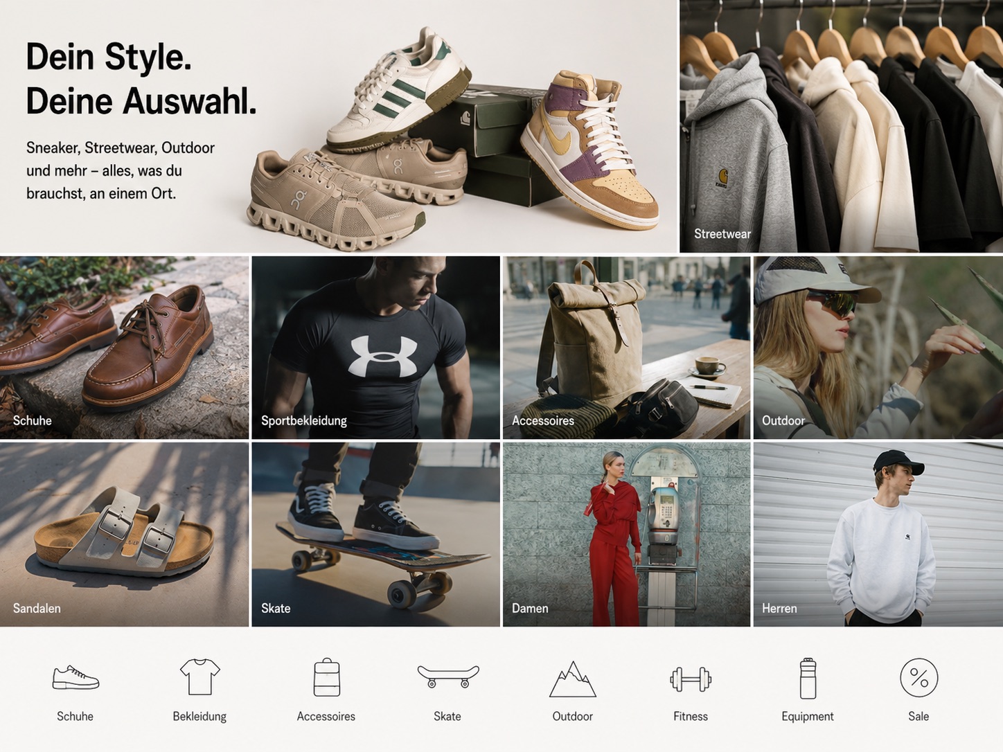Sneaker, Outdoor-Schuhe und Kleidung verschiedener Marken bei Peeker