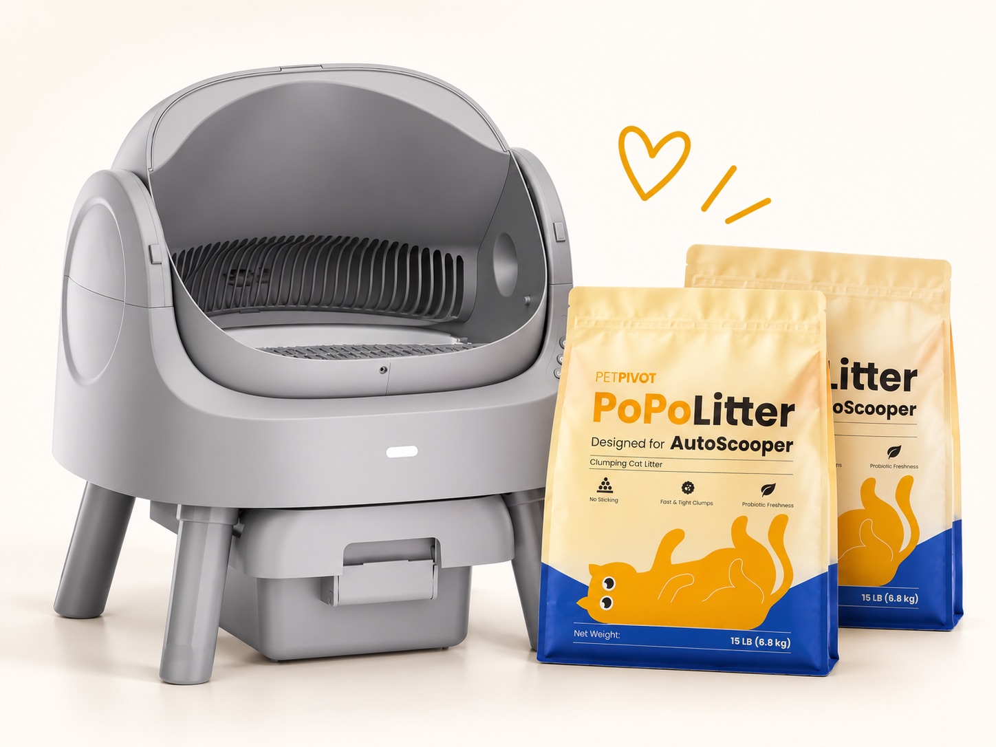 PetPivot PoPoLitter clumping cat litter with AutoScooper waste bags and replacement accessories