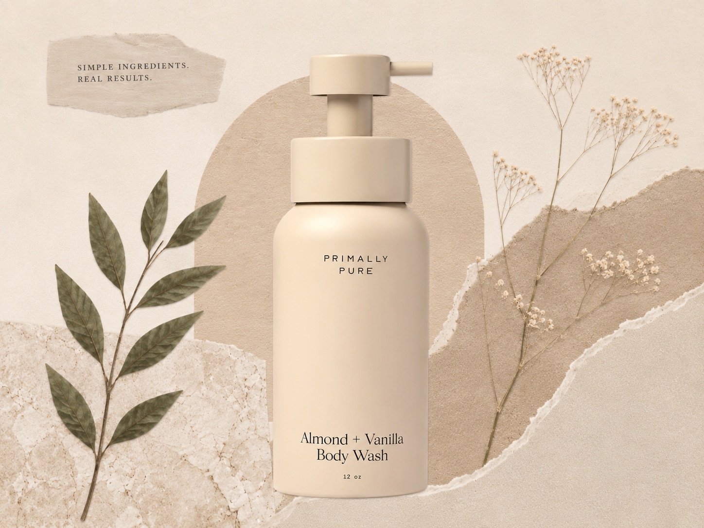 Primally Pure review — Almond + Vanilla Body Wash 12 oz pump bottle on a neutral botanical background