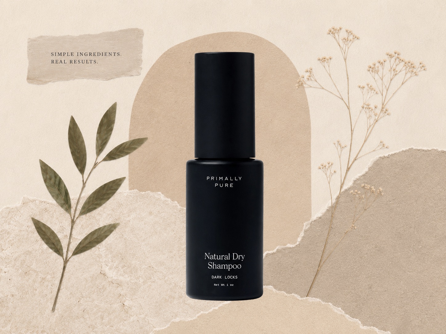 Primally Pure review — Natural Dry Shampoo for Dark Locks 1 oz bottle on a neutral botanical background