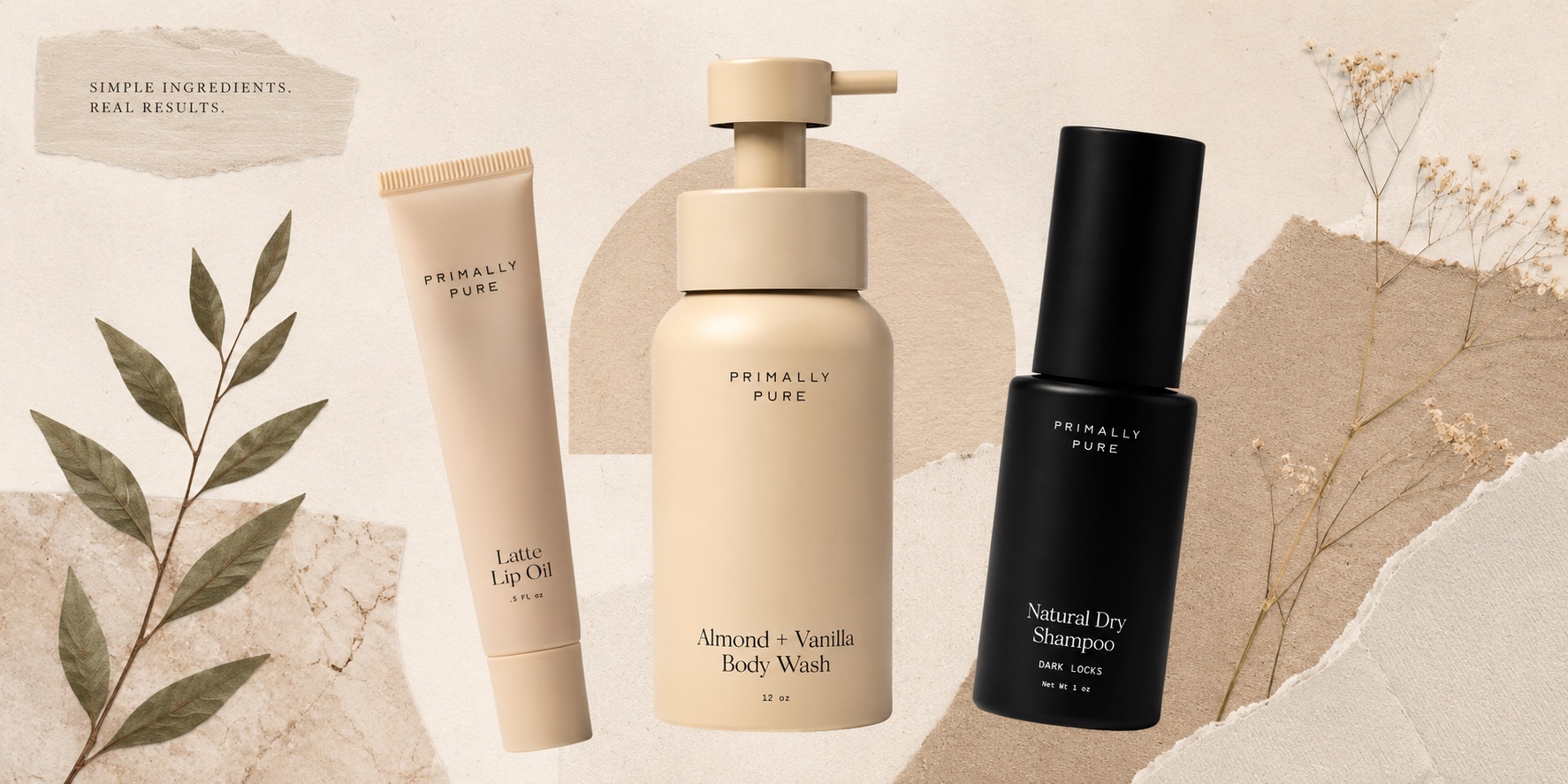 Primally Pure review — Latte Lip Oil, Almond + Vanilla Body Wash, and Natural Dry Shampoo arranged in a neutral flat lay