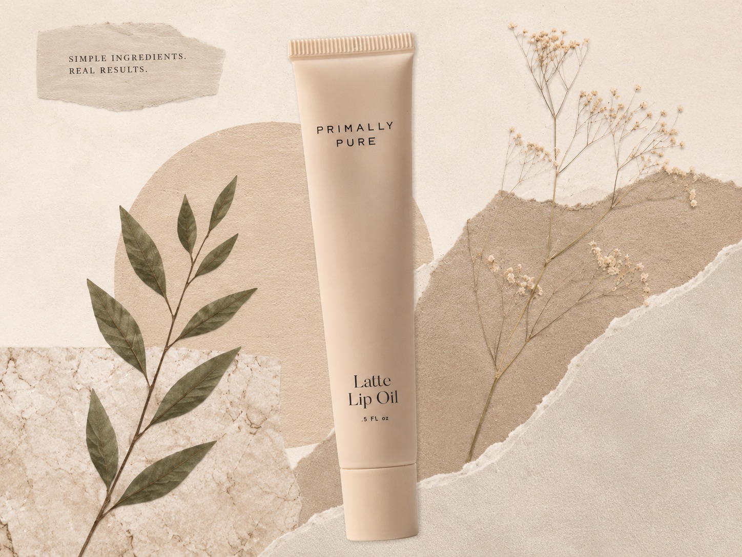 Primally Pure review — Latte Lip Oil 0.5 fl oz tube styled with dried flowers and leaves