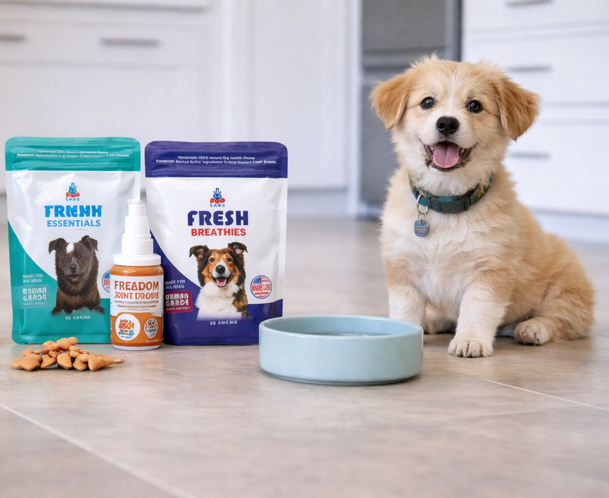 Daily dog wellness routine with Pup Labs supplements, treats, and a water bowl