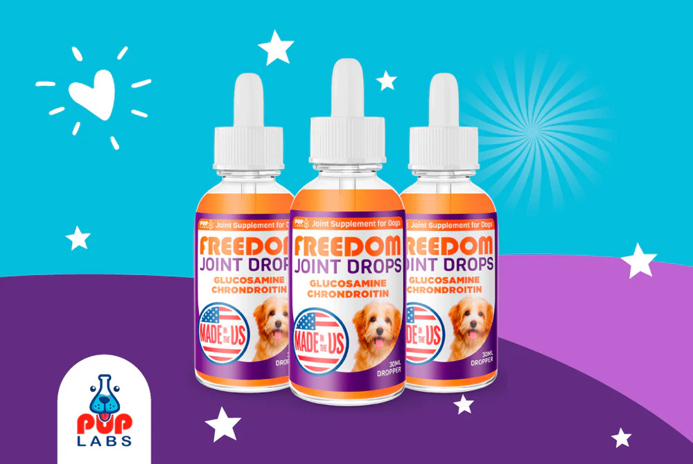 Pup Labs Freedom Joint Drops dog supplement bottles with glucosamine and chondroitin on colorful branded background