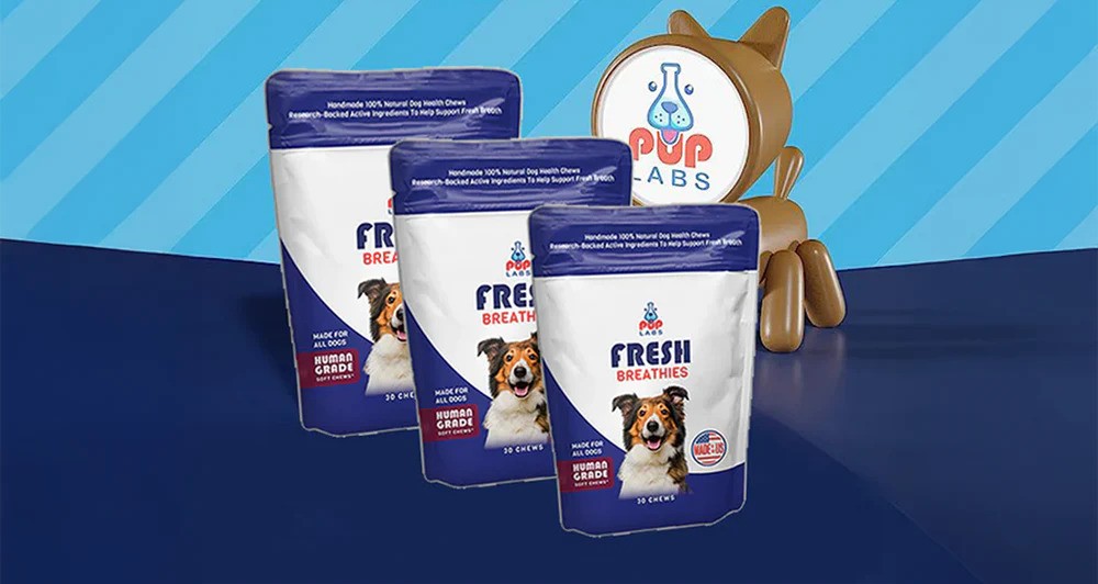 Pup Labs Fresh Breathies dental chews in new packaging displayed with branded dog figure and blue background