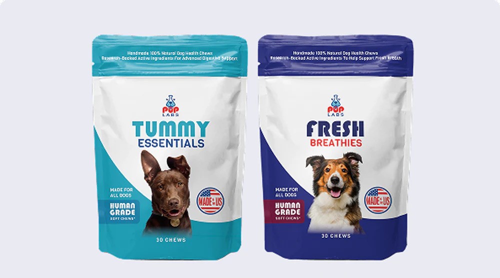 Pup Labs Tummy Essentials and Fresh Breathies dog supplement chews with 180 day money back guarantee badge