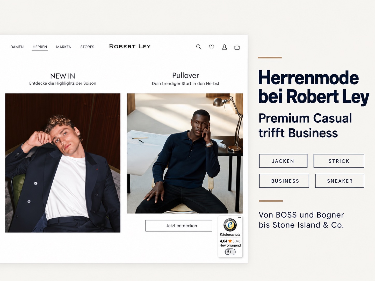 Robert Ley Herrenmode mit Premium Casual, Businessmode, Schuhen und Accessoires verschiedener Marken
