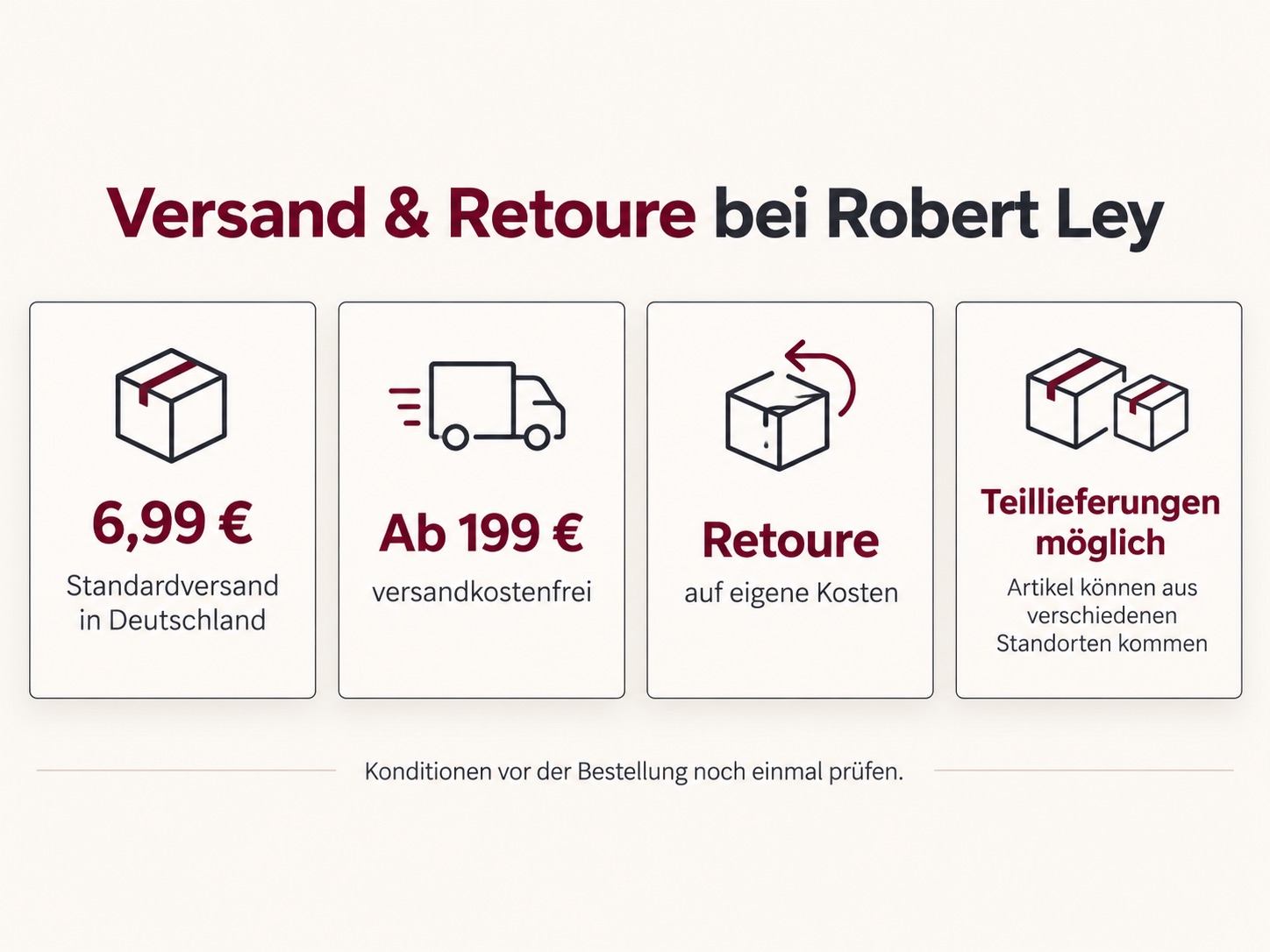 Übersicht zu Versandkosten, DHL-Lieferung und kostenpflichtiger Retoure bei Robert Ley