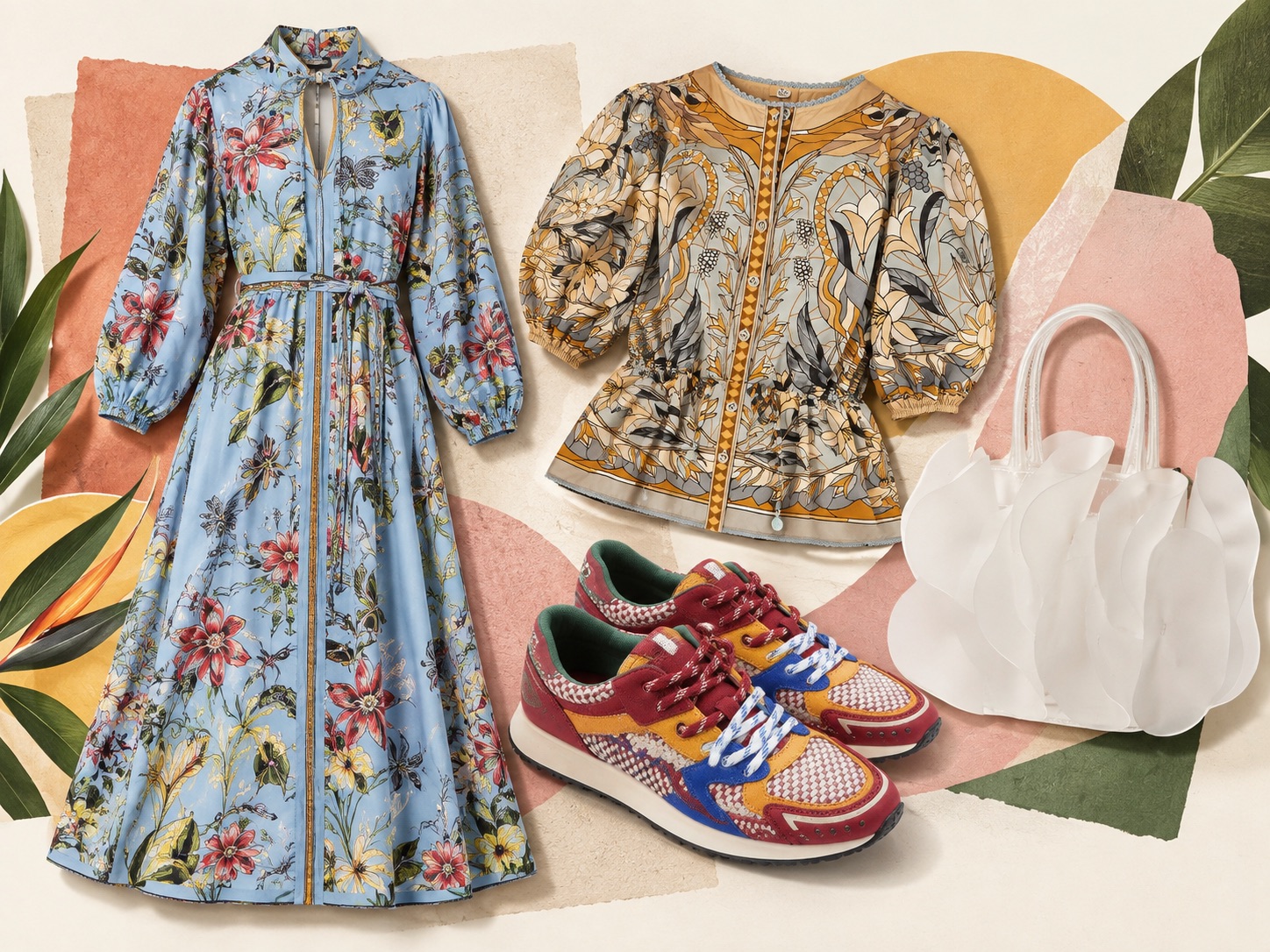 Farbenfrohes Kleid, Bluse, Schuhe und Tasche als typischer FARM Rio Statement-Look