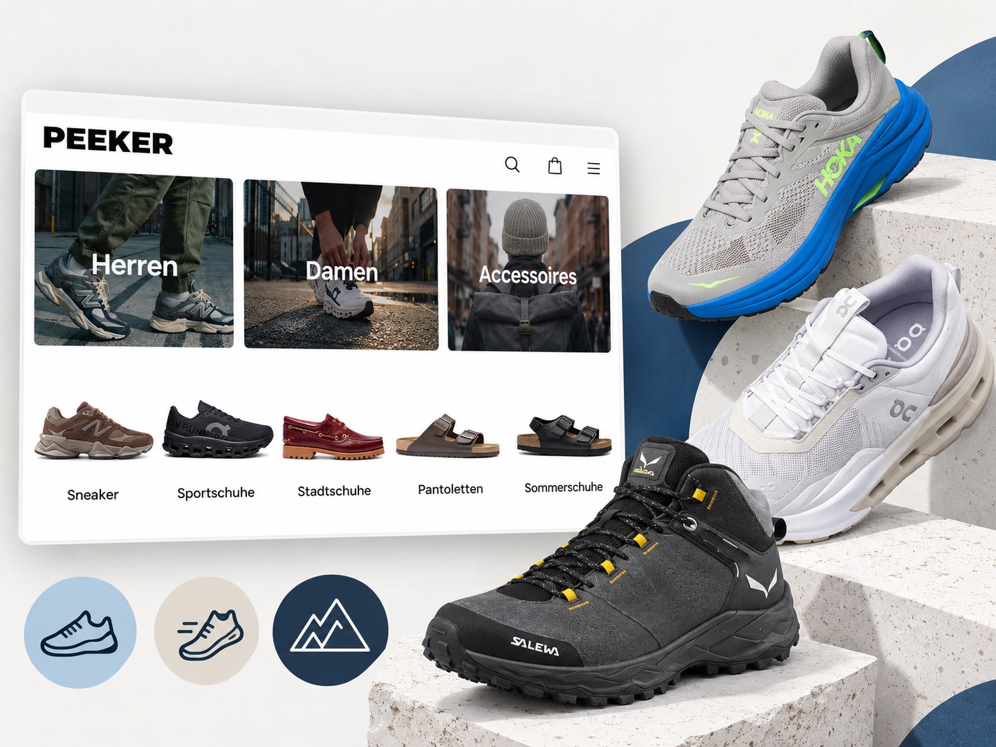Auswahl moderner Sneaker, Lauf- und Outdoor-Schuhe als Beispiel für das Sortiment von PEEKER