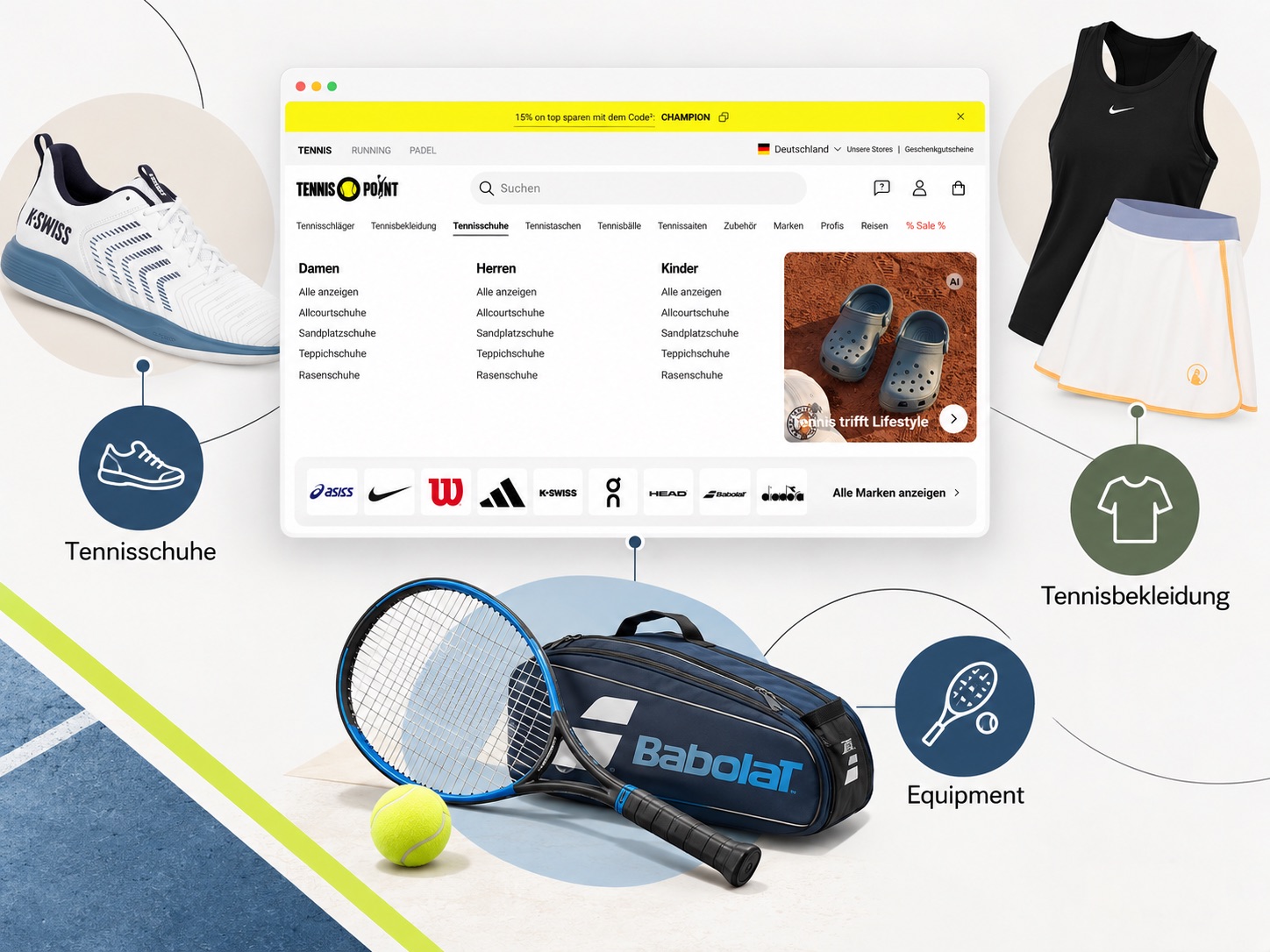 Tennisschuhe und Tennisbekleidung als spezialisiertes Online-Sortiment von Tennis-Point