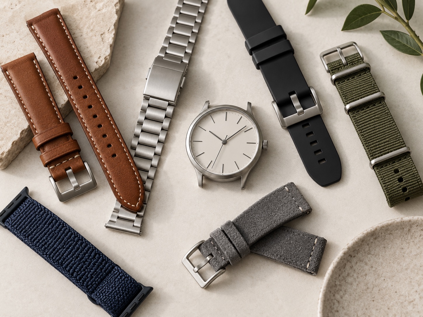 Assortment of StrapsCo leather, metal, rubber, and smartwatch bands arranged in an editorial watch-accessory layout