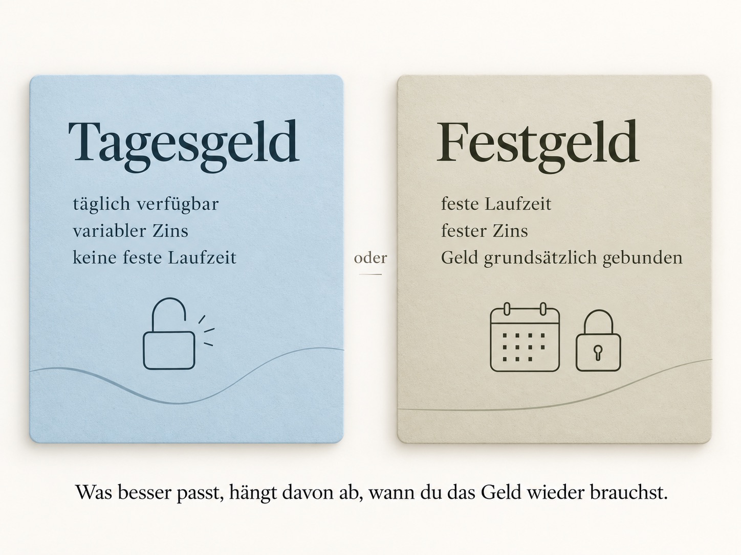 Vergleich von flexiblem Tagesgeld mit variablem Zins und Festgeld mit fester Laufzeit und festem Zinssatz