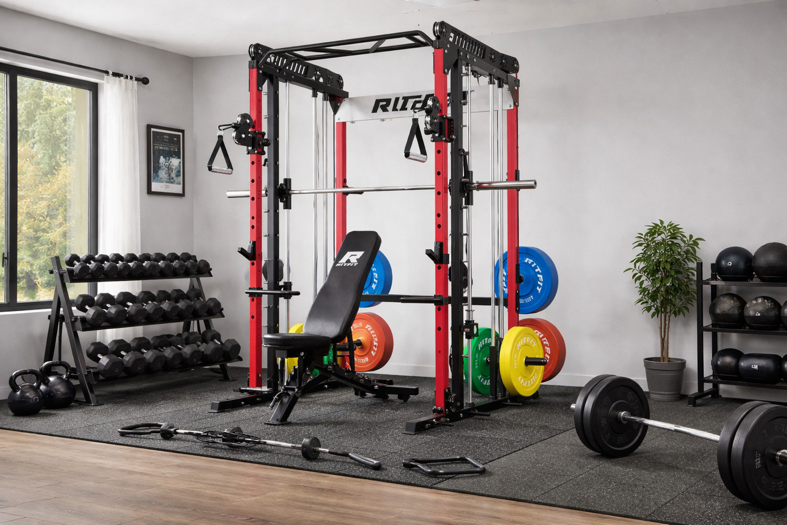 home gym setup featuring rack, bench, weights, and cable equipment