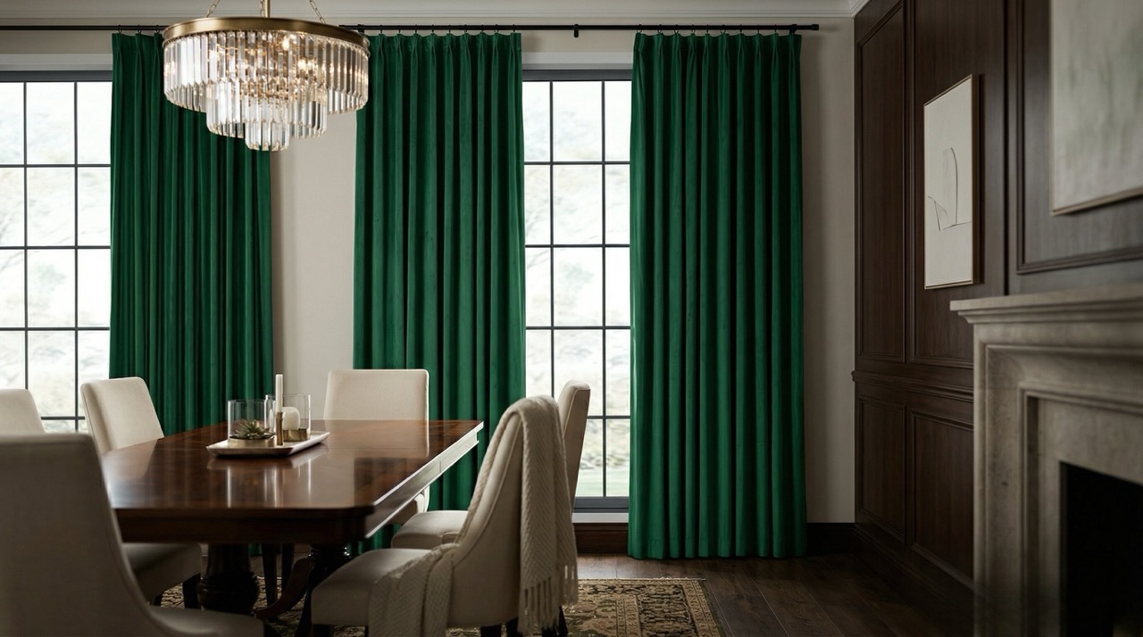 TWOPAGES Birkin velvet pleated curtain in a deep jewel tone hung in a formal dining room.