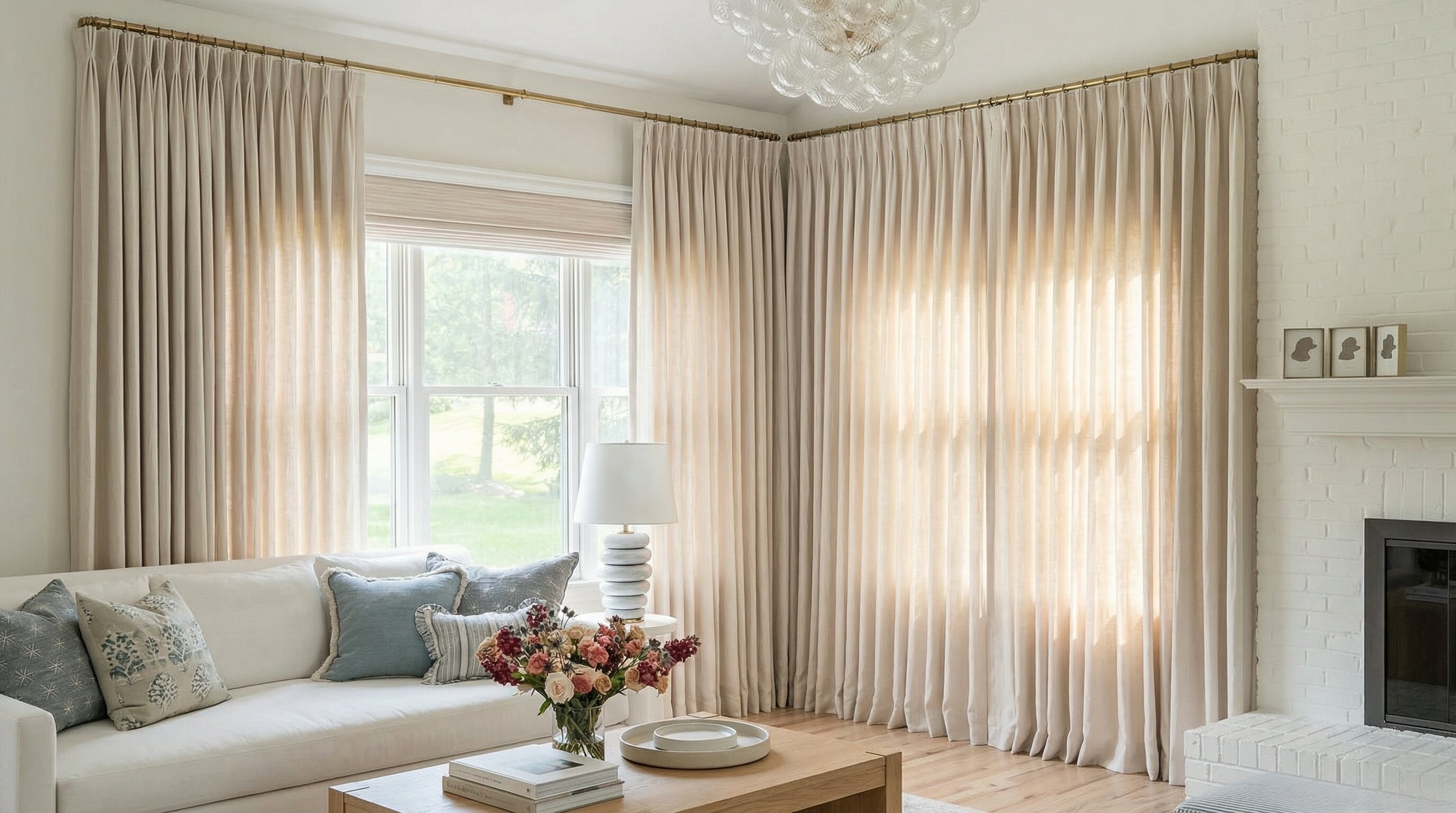 TWOPAGES Jawara luxury linen cotton pleated curtain in ivory beige hanging in a bedroom.
