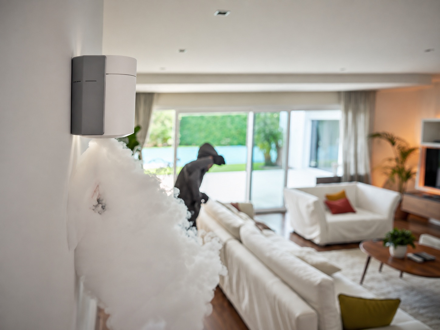 Verisure ZeroVision smoke barrier activating inside a protected room after a verified intrusion