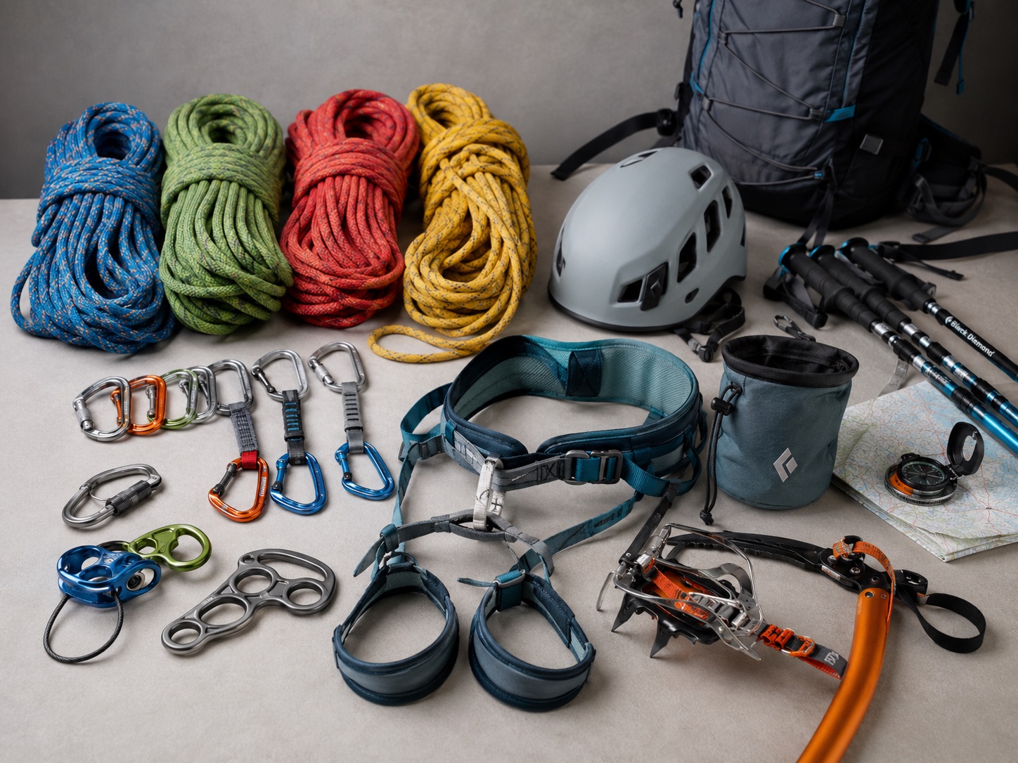 Kletterseile, Karabiner, Sicherungsgeräte und Bergsportausrüstung verschiedener Marken