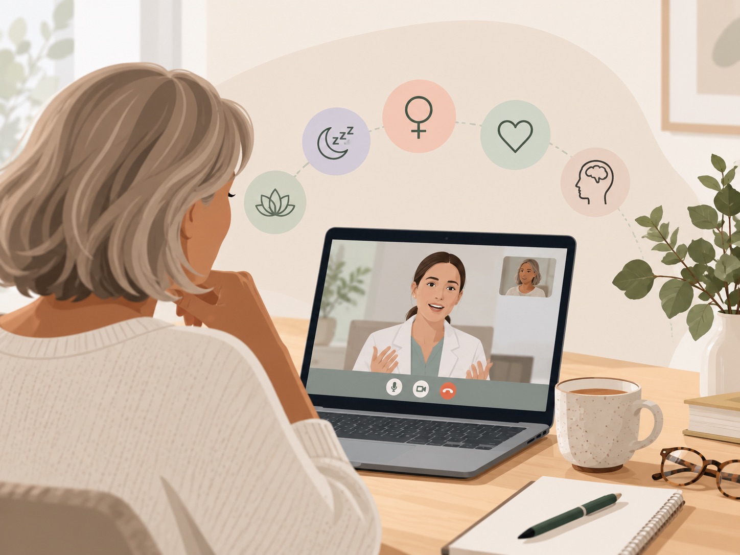 Woman speaking with a Voy menopause specialist during an online consultation at home