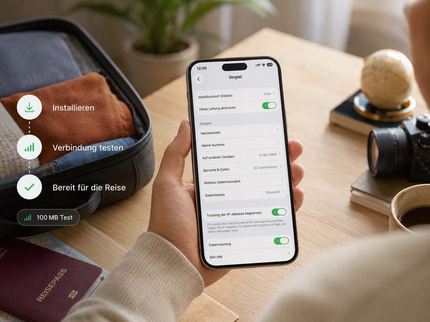 Voye Global eSIM wird vor der Reise auf einem Smartphone installiert und getestet