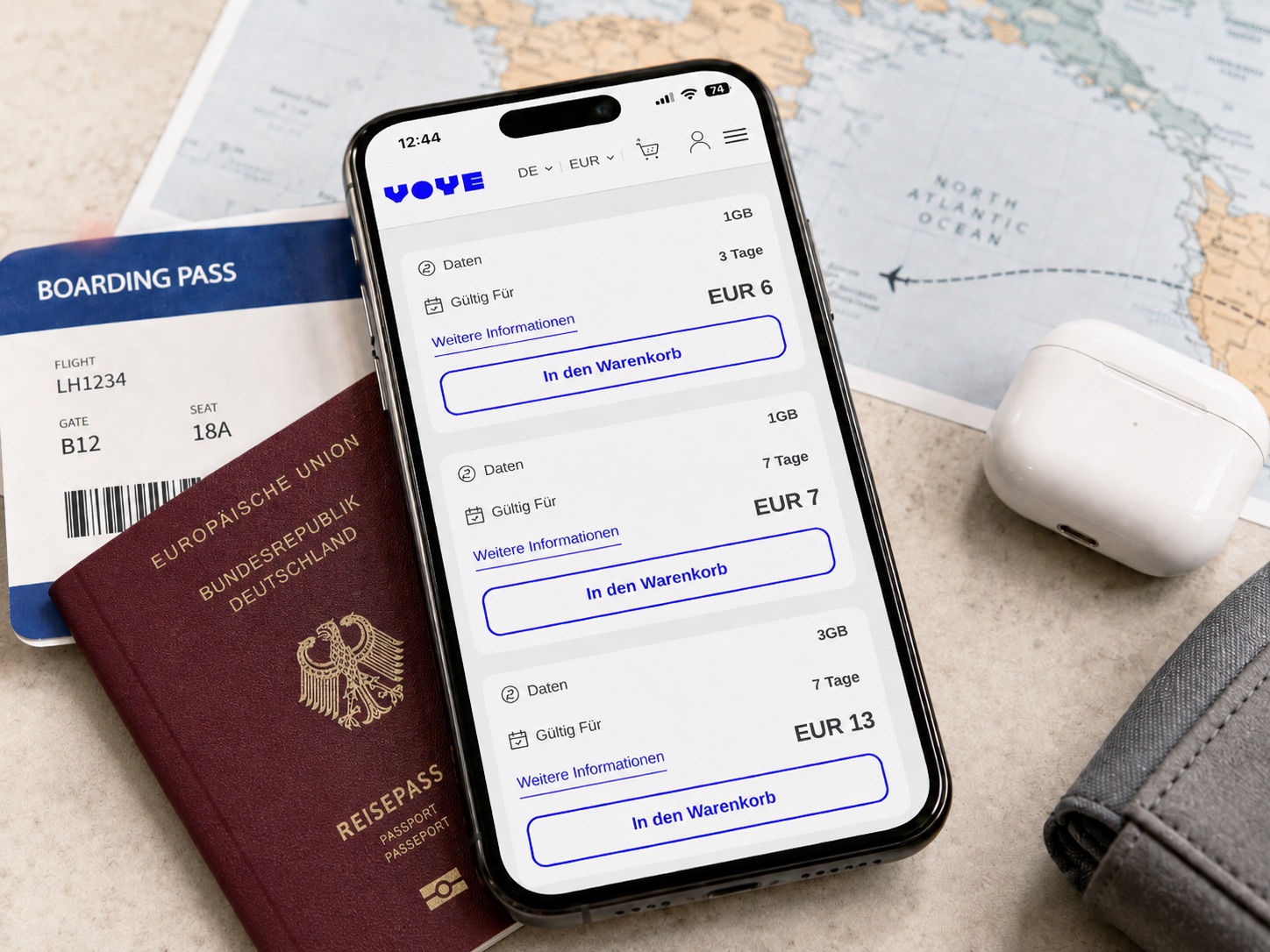 Smartphone mit Voye Global eSIM für mobiles Internet auf Reisen