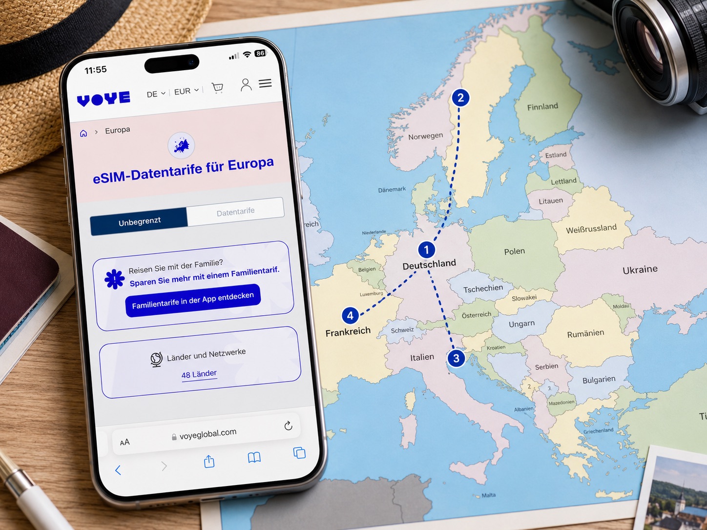 Europa-Rundreise mit einer regionalen Voye Global eSIM