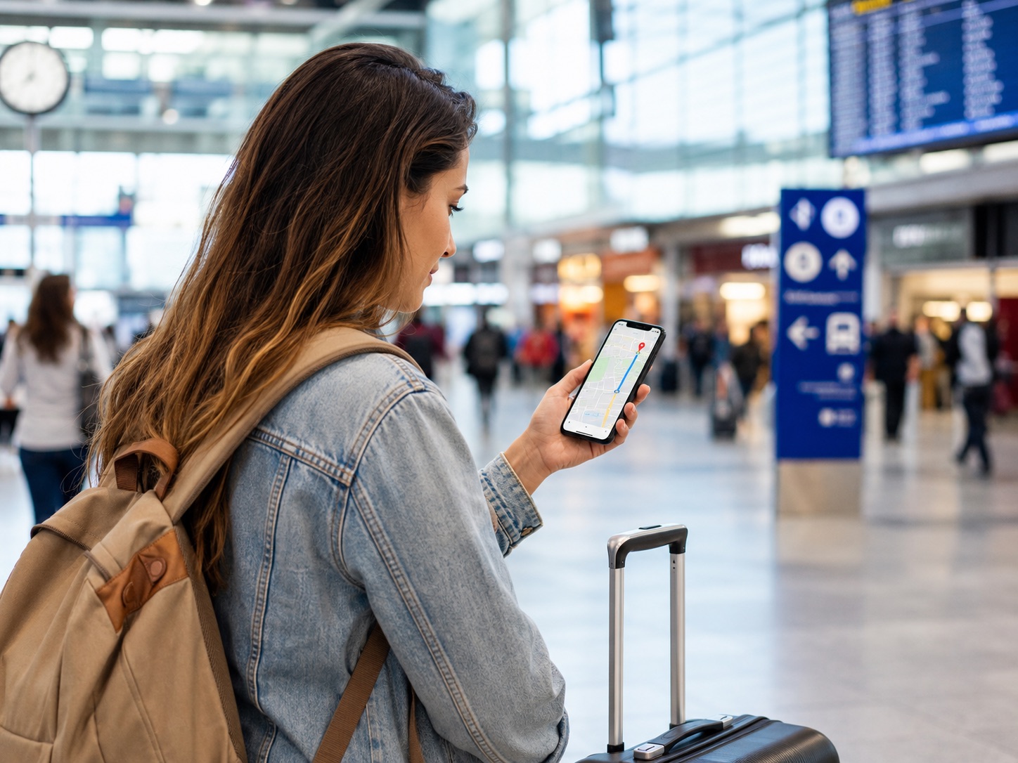 Reisende nutzt eine Voye Global eSIM für Navigation und mobiles Internet im Ausland