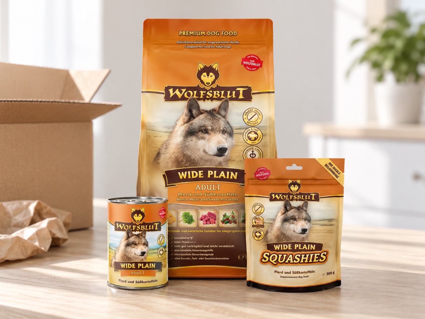 Wolfsblut Wide Plain Probierpaket mit Trockenfutter, Nassfutter und Hundesnack