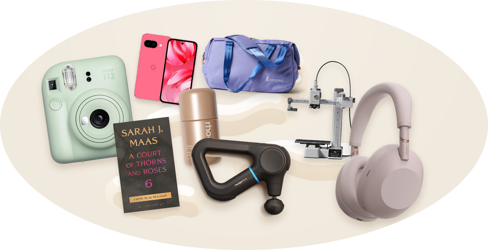 A collage of popular products people are actually buying — instant camera, smartphone, gym duffel, bestselling book, massage gun, 3D printer and headphones